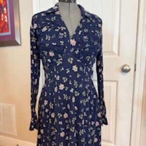 Navy Blue Floral Button-Front Dress – Size M